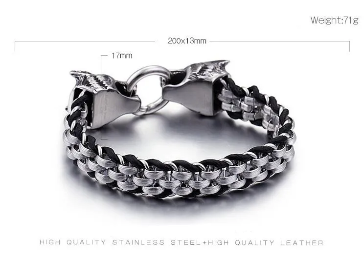 Punk Rock Man Bike Chain Viking Wolf Bracelet Jewelry 316L Stainless Steel With Genuine Leather Bracelets Men Cool Double Wolf Head Animal Armbanden