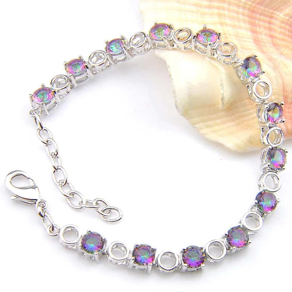 Luckyshine Round Rainbow Mystic Topaz Gems Armband Silver för Kvinnors Färgglada Zircon Hollow Out Wedding Party Link Armband Smycken