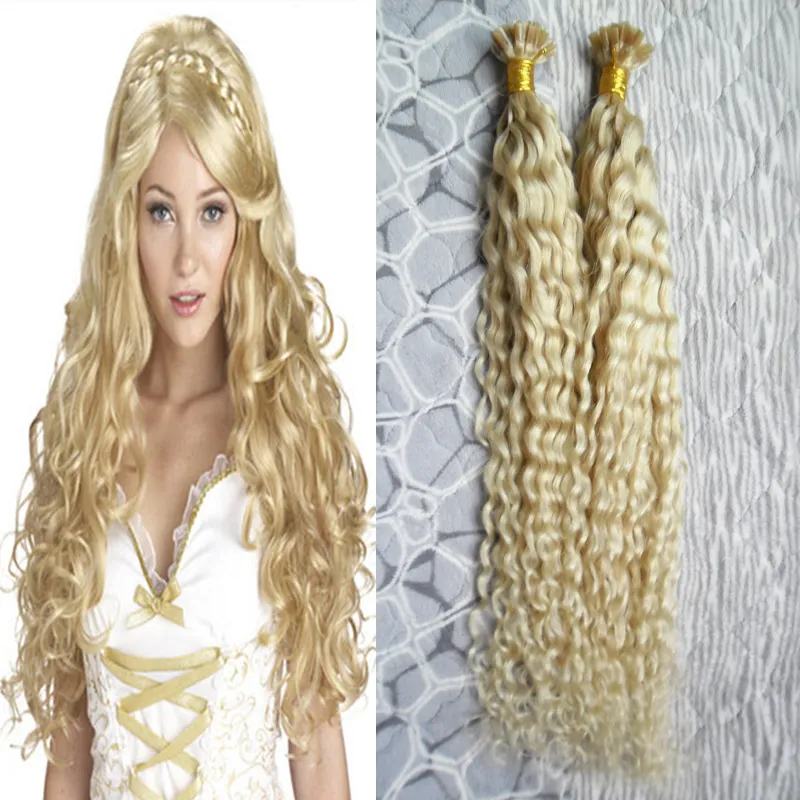 Curly fusion hair extensions 100g 613 blonde virgin hair pre bonded u tip hair extensions human