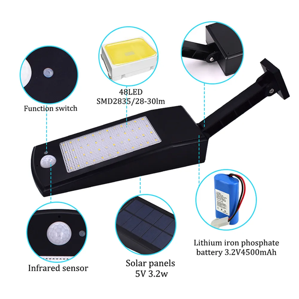 Nyaste 900lm LED Solar Ljus Utomhus Vattentät belysning för trädgårdsvägg 48 LED-lampor Fyra lägen Roterbar Pole Solarlampa