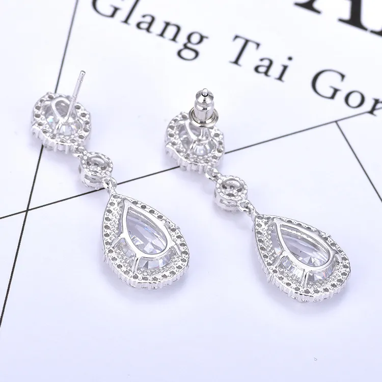 White Gold Plated Shiny CZ Cubic Zirconia Cluster Teardrop Drop Wedding Earring