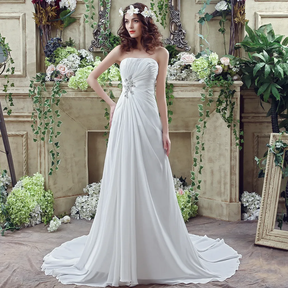 Eenvoudige Elegante Witte Jurken Ruche Sweetheart Een Lijn Chiffon Lange Bruiloft Bruid Jurken Voor Vrouwen Trouwjurken DH4226