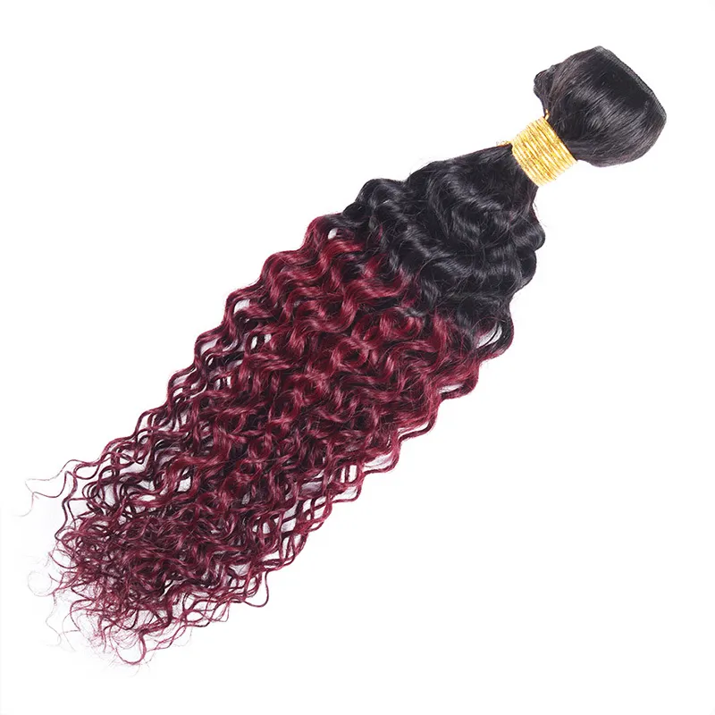 Ricci crespi 4 pacchi T 1B 99J Ombre Vino rosso scuro Colore bicolore Tessuto capelli umani vergini brasiliani economici 4 pacchi Estensione9437300