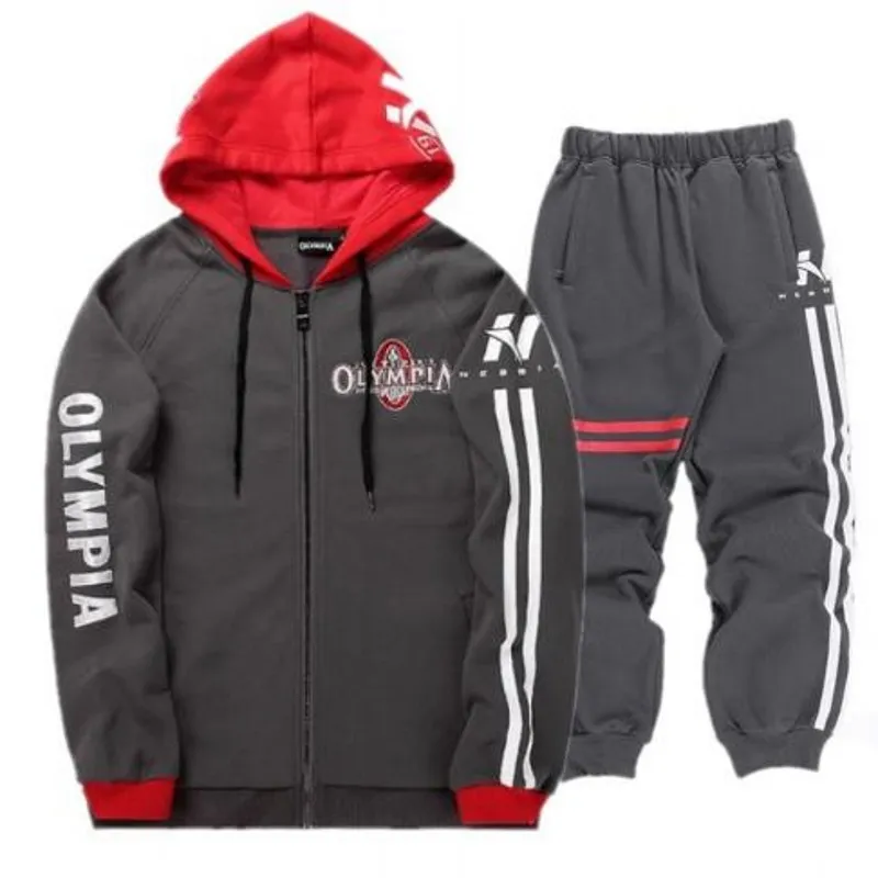 Bodybuilding hommes ensemble automne sweat hommes survêtement + pantalon 2018 OLYMPIA marque vêtements de sport homme 2 pièces col montant veste à capuche