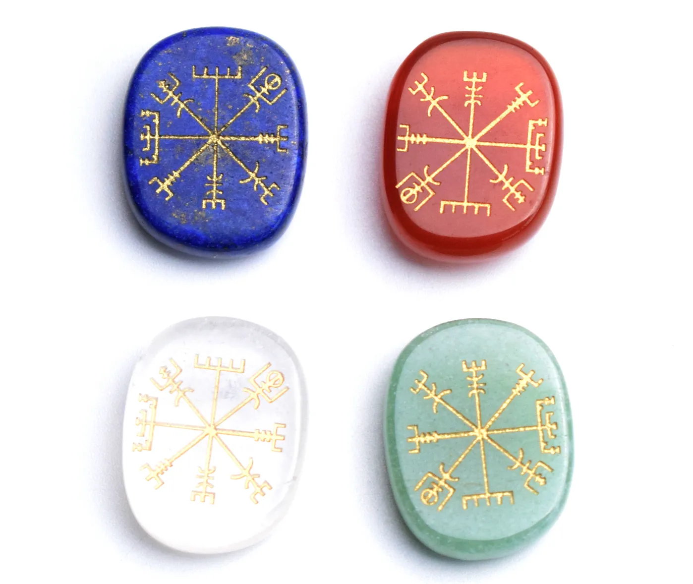 4pcs Chakra Natural Cuarzo Amatista Lapislázuli Ojo de tigre Piedra Grabado Cristal Reiki Curación Nórdico antiguo Vikingo Runa Vegvisir Brújula Símbolos Conjunto