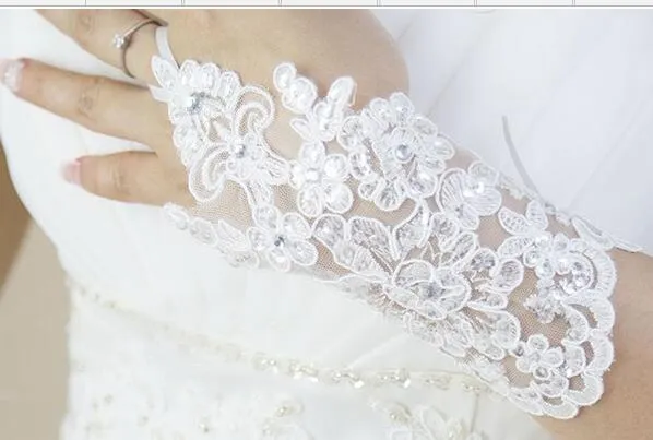 Gants de mariage courts sans doigts en dentelle, avec perles à paillettes, pour mariée, gant de mariée, en Stock287P