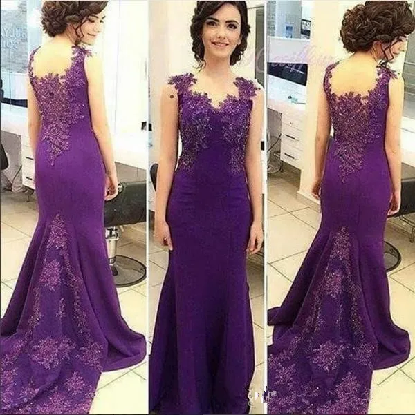 2018 Guaina Abiti per la madre della sposa Viola Sheer Scollo a V Applique in pizzo Maniche ad aletta con perline Backless Lungo Sirena Abiti da sera Abiti da ballo