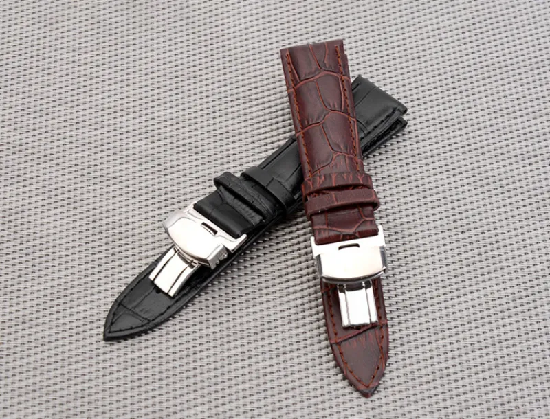 Steel clasp 16mm 18mm 20mm 22mm Watch Band Strap Push Button Hidden Butterfly Pattern Deployant Buckle Leather black Brown