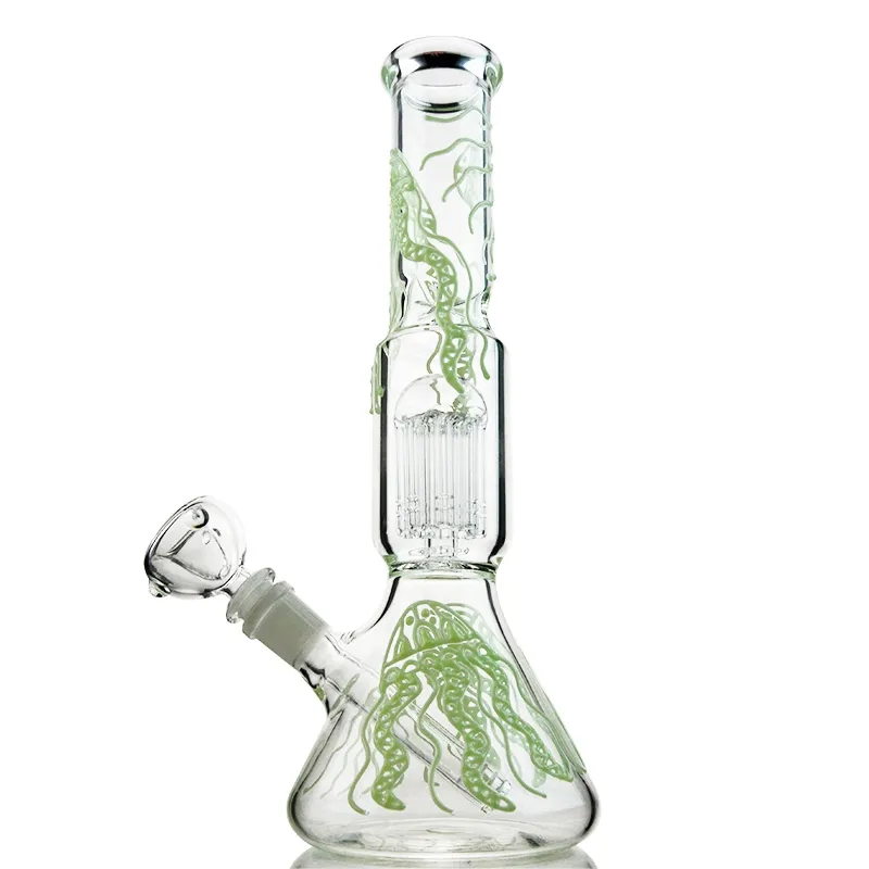 Resplandor en la oscuridad Cachimbas Bongs de vidrio Tubo recto Bong único Árbol de 6 brazos Perc Bubbler Tuberías de agua embriagadoras Aceite Dab Rigs Jellyfish Patter Bong Vendedor caliente al por mayor GID05