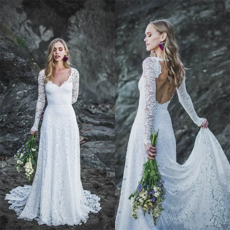 Abiti modesti da spiaggia a sirena con scollo a V maniche lunghe in pizzo con scollo a V Abiti da sposa economici taglie forti Abito da sposa Robe De Marie