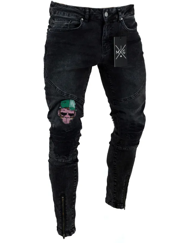 Jeans crâne hommes noir Biker Jeans pantalon drapé déchiré Long crayon pantalon pantalon vêtements