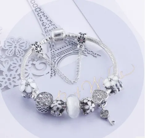 925 Sterling Silver Charm Perle Blanc fit Européenne Pandora Bracelets pour Femmes Double Coeur Cristal Charme Perles Serpent Chaîne Bijoux De Mode