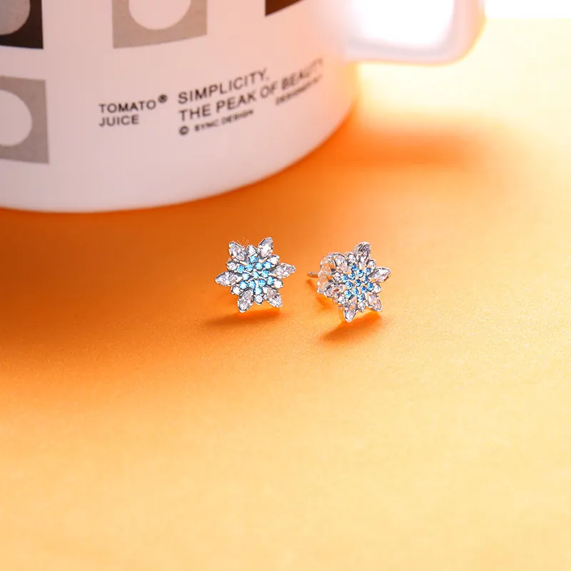 Autêntico prata esterlina 925 azul flocos de neve brinco logotipo assinatura com cristal para jóias Pandora brinco de pino brincos femininos