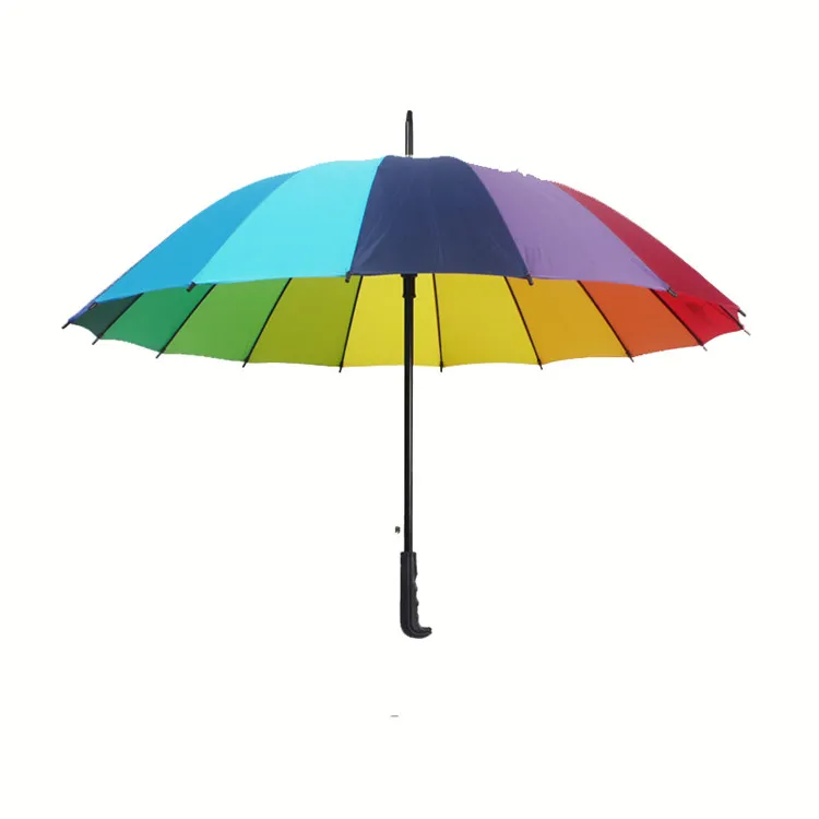 New Rainbow Umbrella Long Handle 16K Straight Windproof Colorful PongeeUmbrella Women Men Sunny Rainy