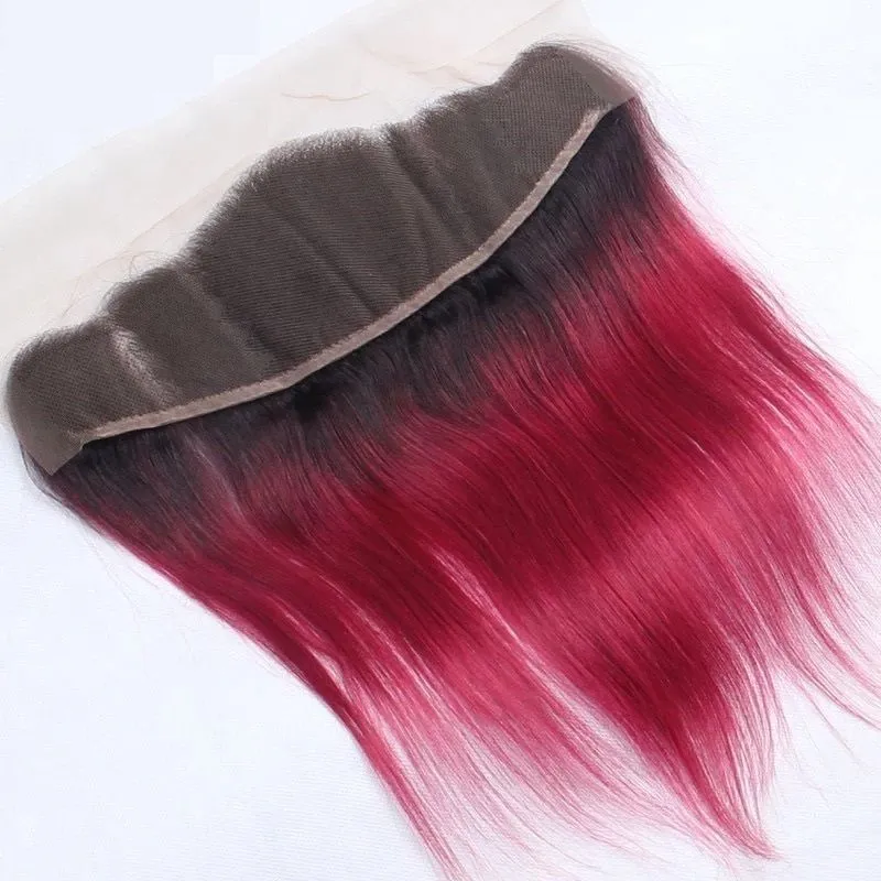 Russisches reines Haar, gerade, menschliches Haar, bündelt zweifarbig, 1b rot, Ombre-Spitzenfrontal mit Bündeln aus seidigem, glattem, weichem Haar