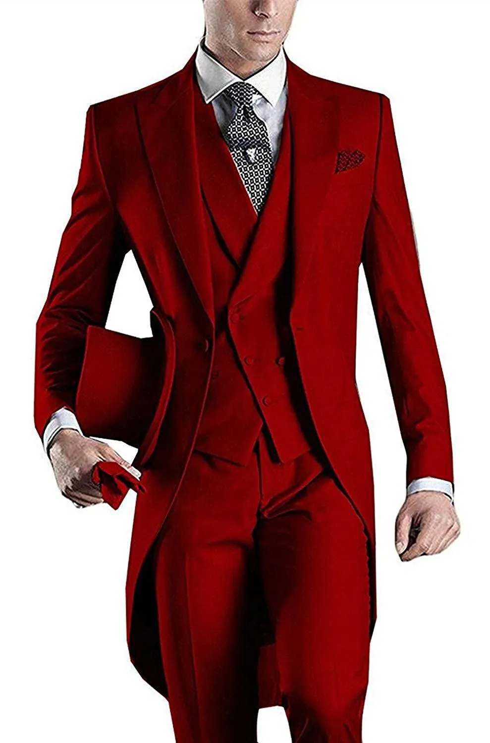 Estilo matinal vermelho fraque noivo smoking eiegant roupa de casamento masculina de alta qualidade formal festa de formatura terno (jaqueta + calça + gravata + colete) 979