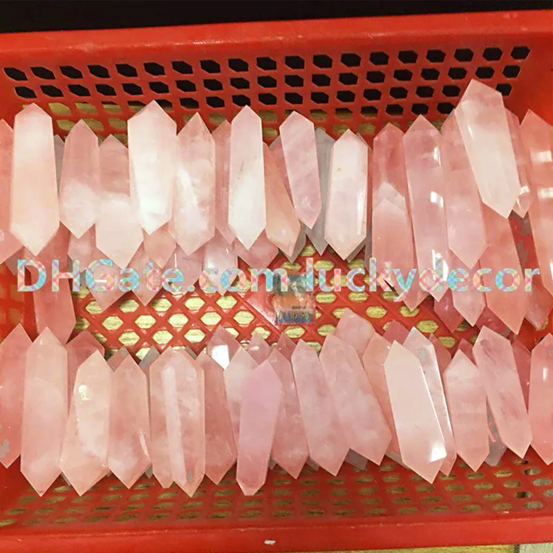 6 Facet Double Beëindigd Heilig Punt Echt Natuurlijk Sheer Rose Quartz Healing Crystal Gemstone Prism Wand 60-80mm Reiki Stones Beeldje