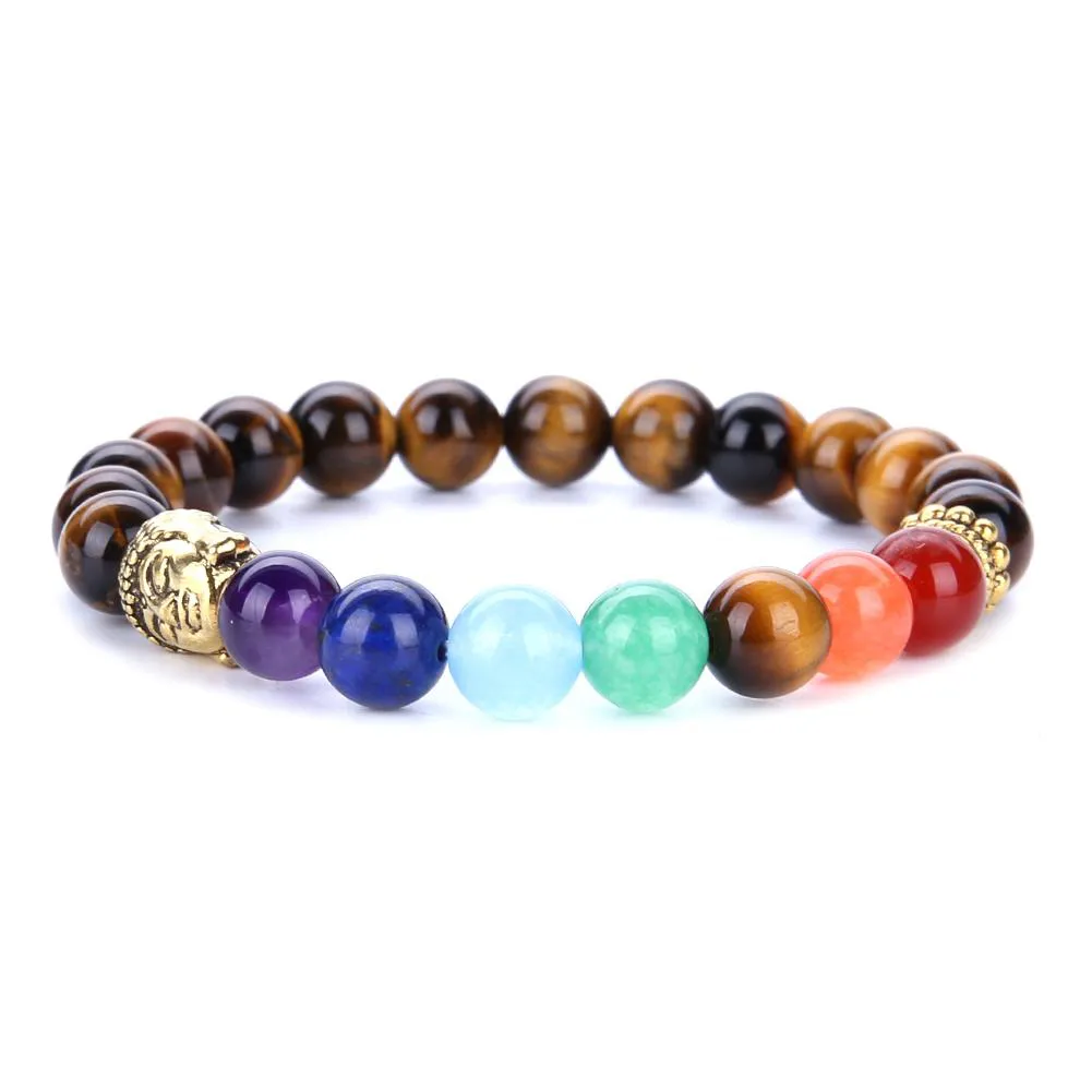 7 Chakra Guldpläterad Buddha Färgglada Beaded Bracelets Fashion Stone Charm Smycken Yoga Energy Armband Bangles Unisex Lava Armband