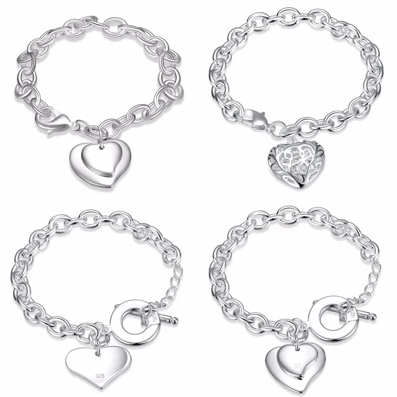 Partihandel Blandad Order 925 Sterling Silver Plated Heart Pendant Charm Armband Bangles Fashion Party Smycken Alla hjärtans daggåva till kvinnor