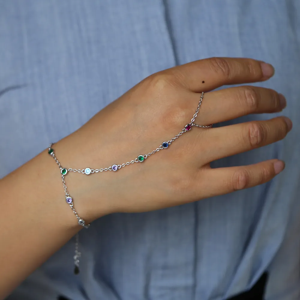 2018 femmes bracelet esclave avec bague en or rose plaqué argent lunette colorée cz lien chaîne bijoux à la main Behomia arc-en-ciel mode brac205Y