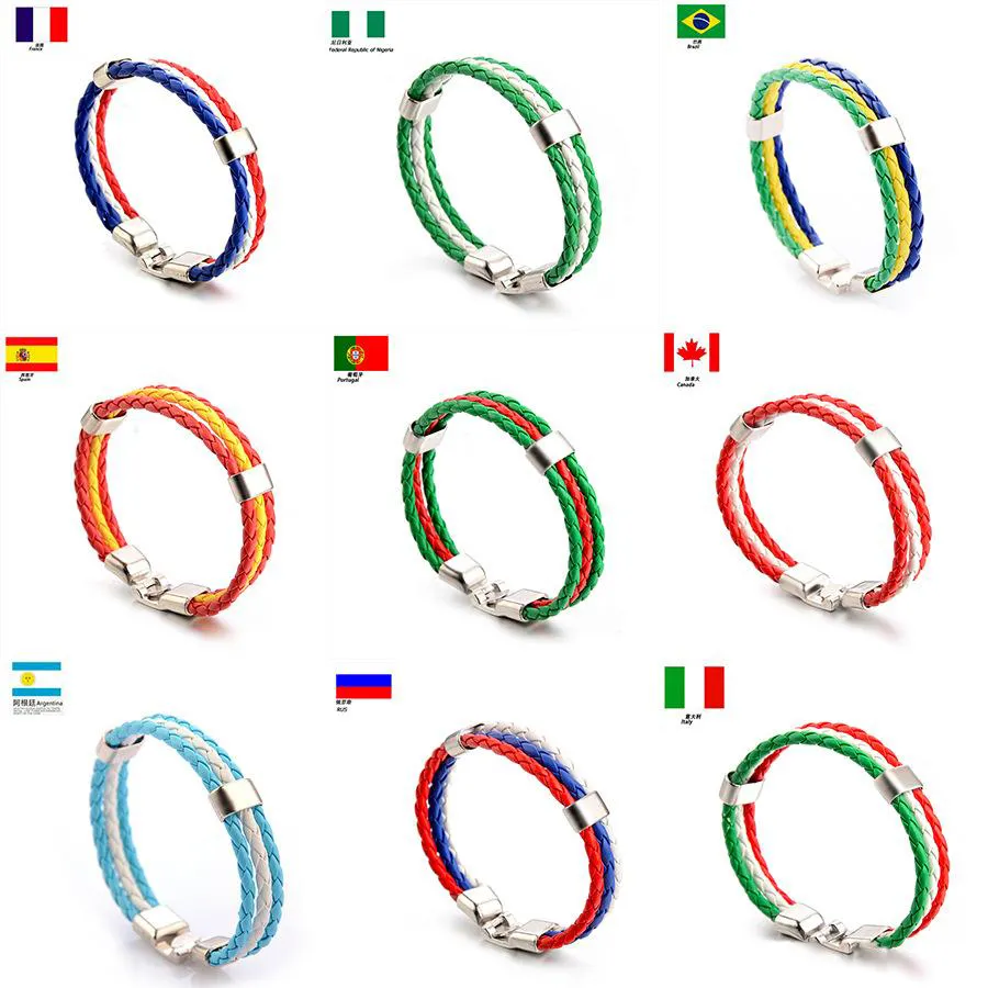 World Cup Football Soccer Team Leather Bracelet With National Flag Stripe Charms Handmade Braided Wristband Fans Gift