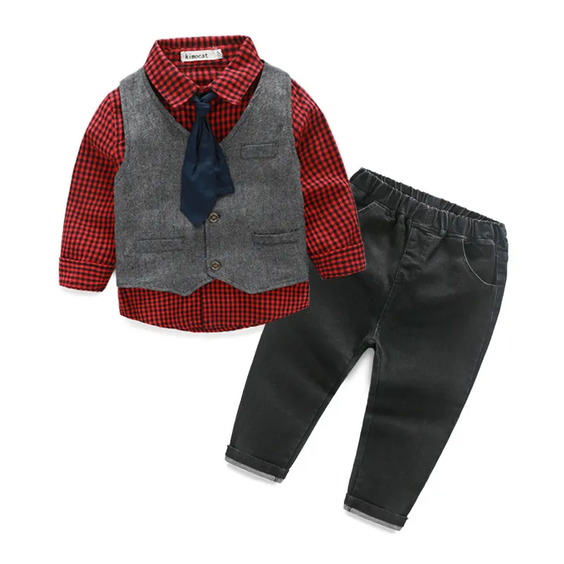 Retail jongens kleding lente herfst peuter jongens outfits baby boy kleding formele gentleman pak plaid shirt vest tie broek 4 stks kinderkleding