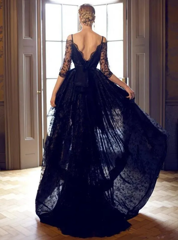 Modest Black Lace High Low Prom Dresses 2019 Mezze maniche lunghe V Backless Vestidos De Festa288i