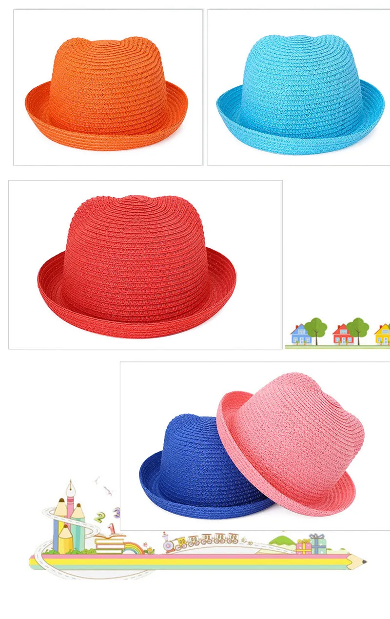 Соломенные шляпы дети характер уха украшения летняя шапка ребенок Солнце шляпа для девочек мальчиков ведро Крышка для детей шляпа пляж Панама шапки TO599