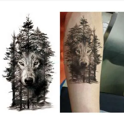 Vattentät Tappning Tatuering Klistermärke Wolf Forest Animal Tree Tattoo Stickers Flash Tatoo Fake Tatueringar för Kvinnor Män Arm Tatueringar