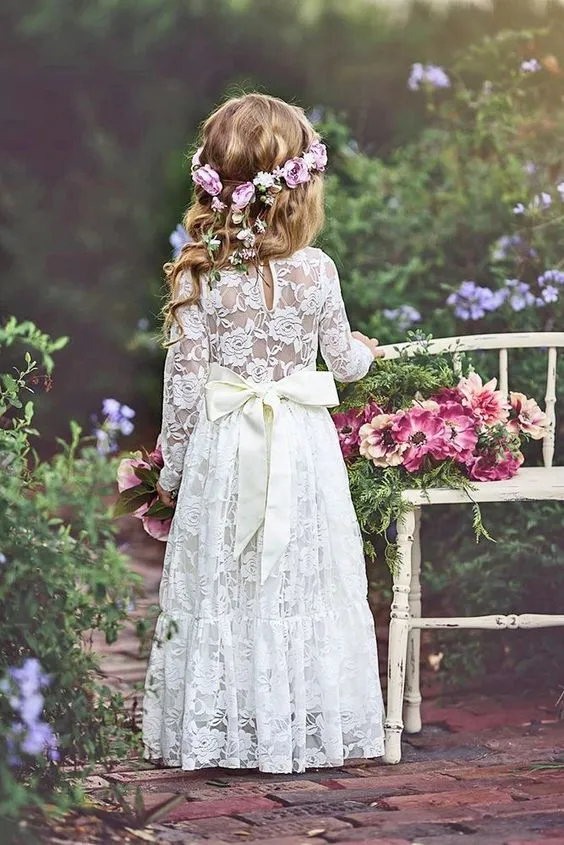 Vestidos de niña de flores de encaje de marfil para bodas Mangas largas Hasta el suelo Vestidos de fiesta de cumpleaños de boda para niños Boho con marco de cinta