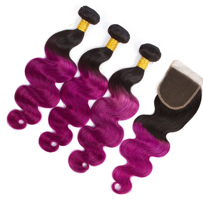 Bundles de tissage de cheveux humains vierges brésiliens # 1B / Purple Ombre avec fermeture Purple Ombre Human Hair 3 offres groupées avec fermeture à lacet 4x4