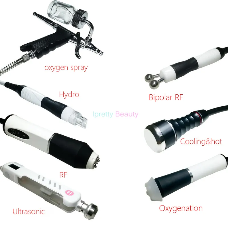 Magic Plus CO2-Sauerstoff-RF mit Ultraschall-Gesichtsbehandlung, 7-in-1-Wasser-Hydra-Spritzpistole, LED-Lichttherapiegerät, Ultraschall-4-Pol-RF-Heiß-Kalt-Hammer, Hautstraffung