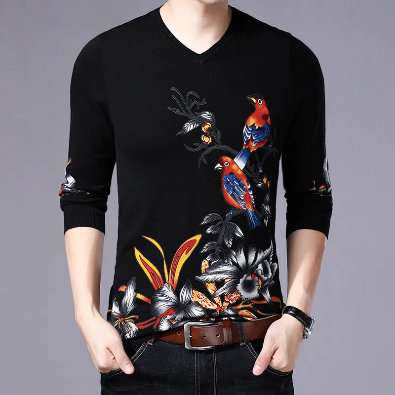 Style chinois 3D oiseau fleur motif mode pull en tricot automne 2018 haute qualité coton doux confortable pull hommes