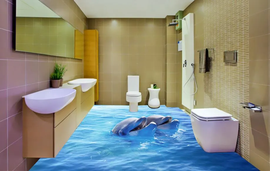 обои для ванных комнат Счастливые игривые дельфины 3D океанографии виниловых напольных покрытий для ванных комнат
