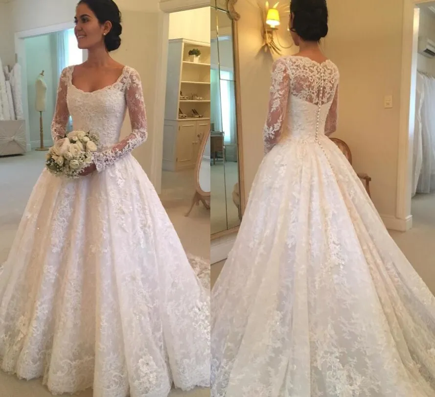 Elegantes Vestidos De Novia De Encaje 2024 Mangas Largas Una Línea