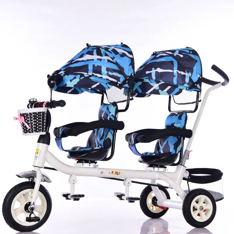 Premium Children's Double Tricycle, Twins, Trolley, One-Key Swivel Seat, Infant Folding Bike