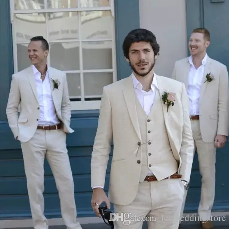 Zomer ivoor beige strand linnen mannen pakken bruiloft kostuum beste man op maat gemaakte bruidegom groomsmen bruidegom dragen tuxedo blazer jas + vest + broek