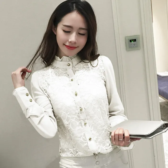 Tamano relativo analogía Persona a cargo Blusa De Encaje Blanco Camisa Mujer Tops Elegante Cuello Alto Blusas Huecas  Damas Volantes Gasa Manga Larga Blusas Conjunto De Dos Piezas De 18,94 € |  DHgate