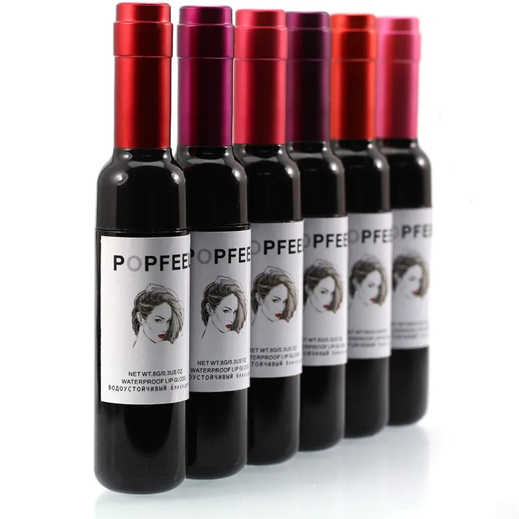 Popfeel lip gloss batom garrafa de vinho tinto batom matte lipgloss 6 cores nova marca de maquiagem liqiud batom à prova d 'água