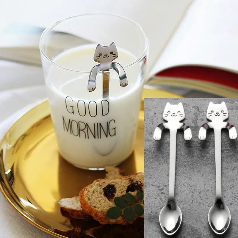 Cucchiaino da caffè gatti in acciaio inossidabile Mini gatto Manico lungo Cucchiaio in acciaio inossidabile Utensili bere Gadget da cucina Stoviglie in acciaio inossidabile