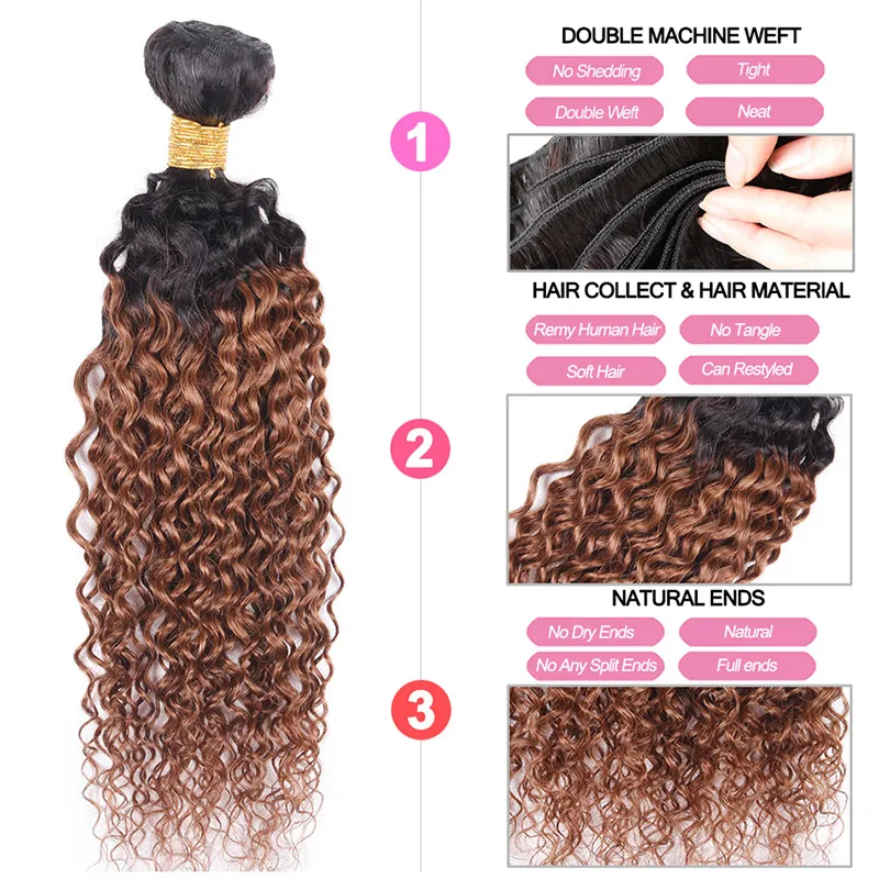 4 stks Menselijk Haar Ombre Weave Bundels Kinky Curly Braziliaans Maagd Haar T 1B 30 TWEE TONE COLOR ombre Medium Auburn Hair Extension