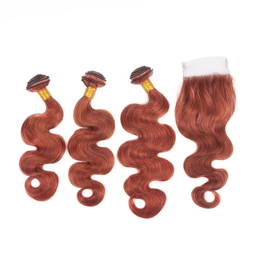 Dark Auburn Lace Closure With Bundles Body Wave Brazilian Virgin Hair Bundles With 4*4 Top Closure Color 33# Dark Brown Hair Weft