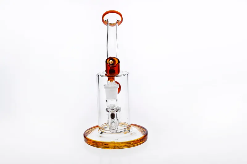 Bent Neck Amber Water Pipe Bong with Bowl 14.4mm Joint Thick Glass Water Pipes in-line Perc Two Function Oil Rigs Smoking Pipes Height 7.9"
