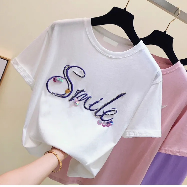 2018 Estate Moda Donna O Collo Lettera paillettes T-Shirt Donna Casual Pullover Tee Top A306