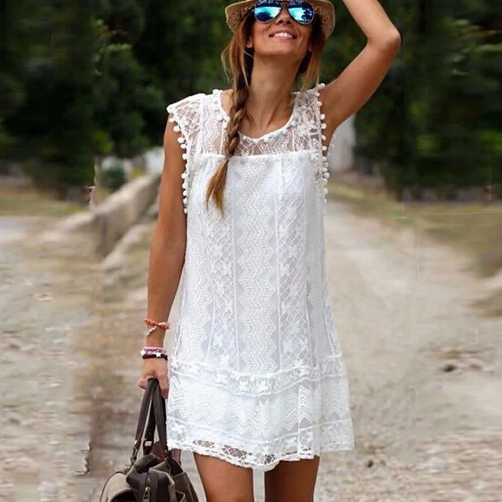 Womens White Lace Summer Dress Loose Sleeveless Party Beach Casual Mini Skirt From 21 DHgate