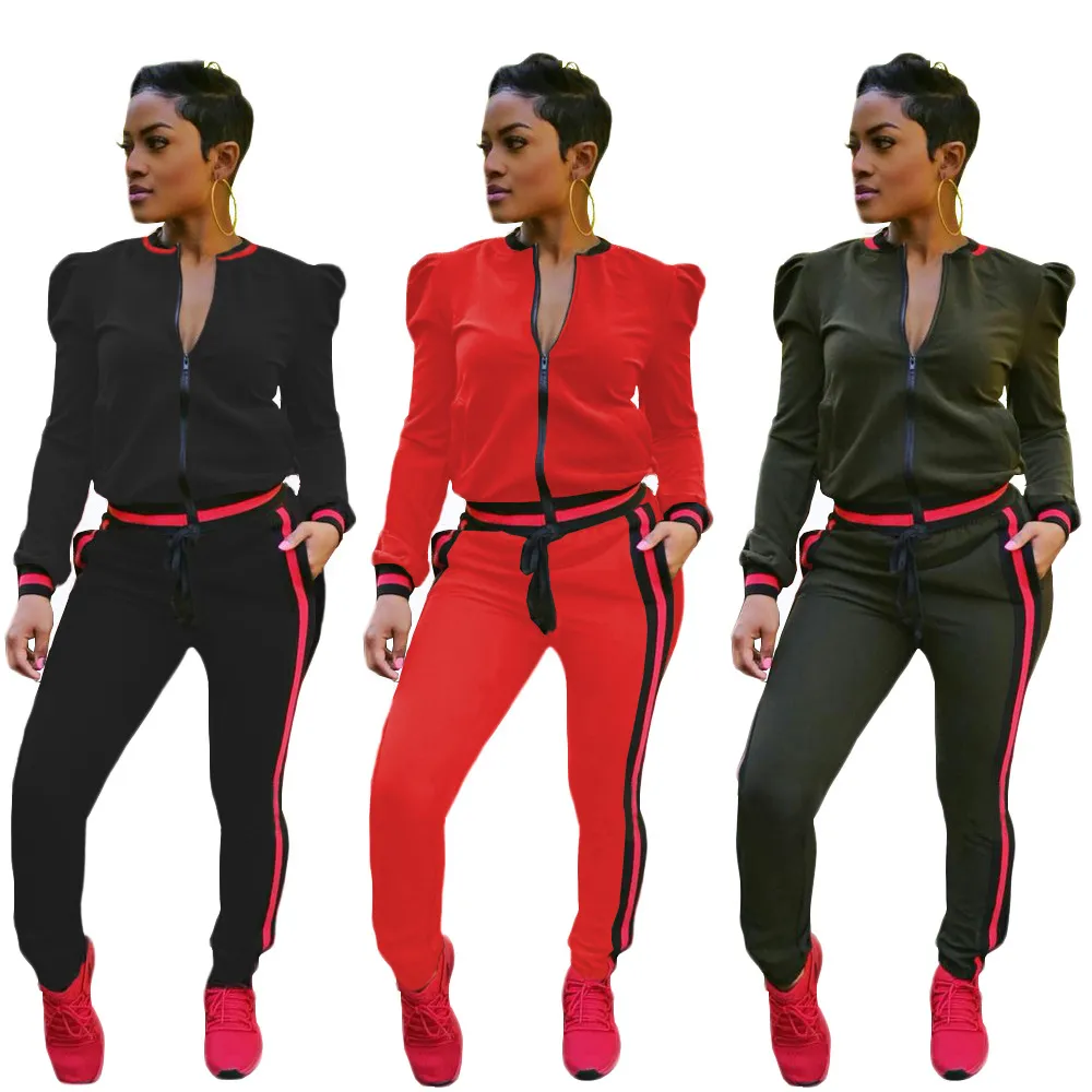 Womens Casual Mode Herfst Lente Lange Mouwen Tweedelige Jogger Set Dames Fall Trainingspak Sweat Past Black Red Plus Size S-3XL