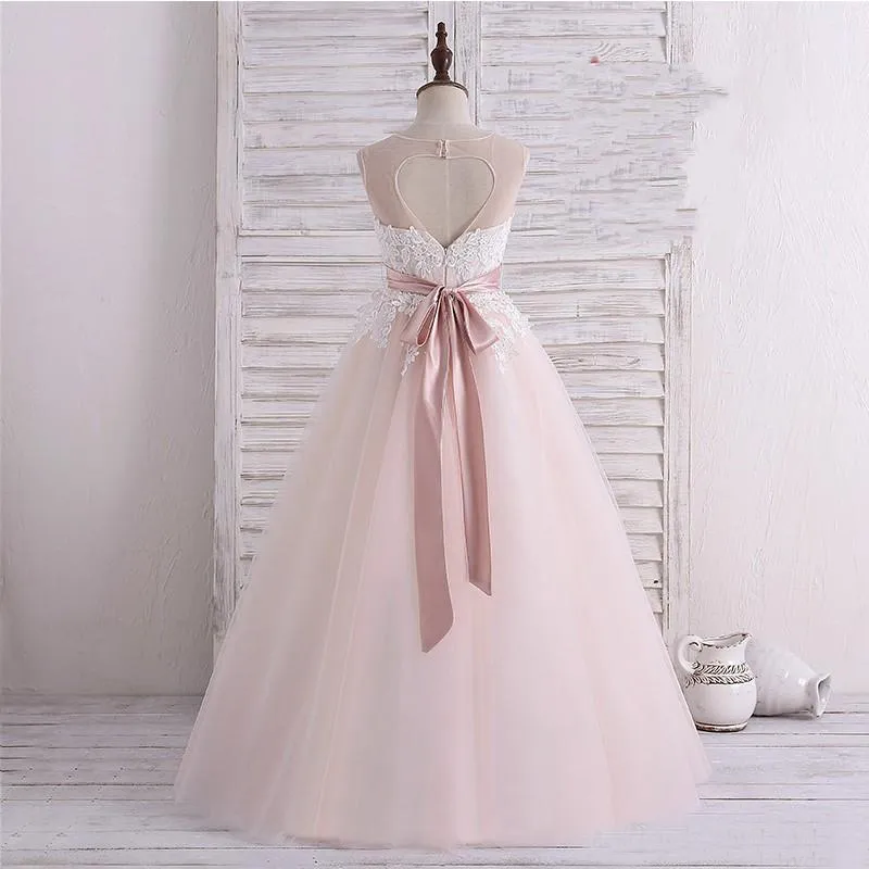 Lovely 2018 Bush Pink Tulle Flower Girls Dresses For Weddings Cheap Sheer Crew Heart Cut Out Back With Sash Girl Pageant Gown EN2097