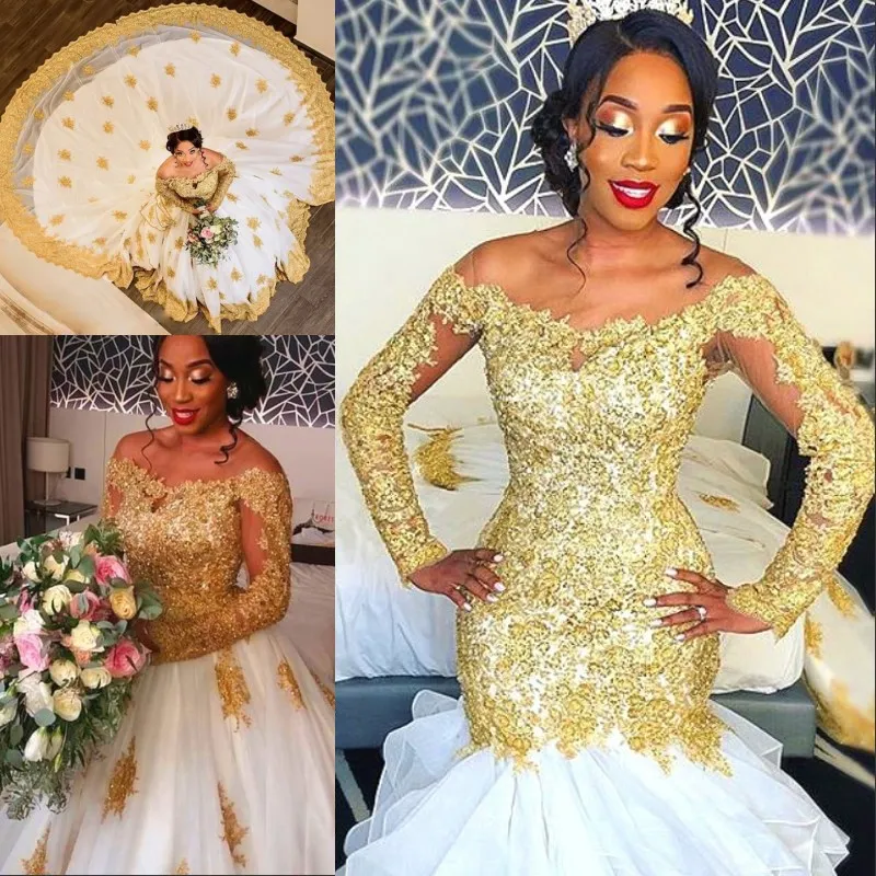 Luxury Golden Mermaid Wedding Dress With Detachable Train Crystal Beads Lace Applique Long Sleeve Bridal Dress Amazing Africa Wedding Dress