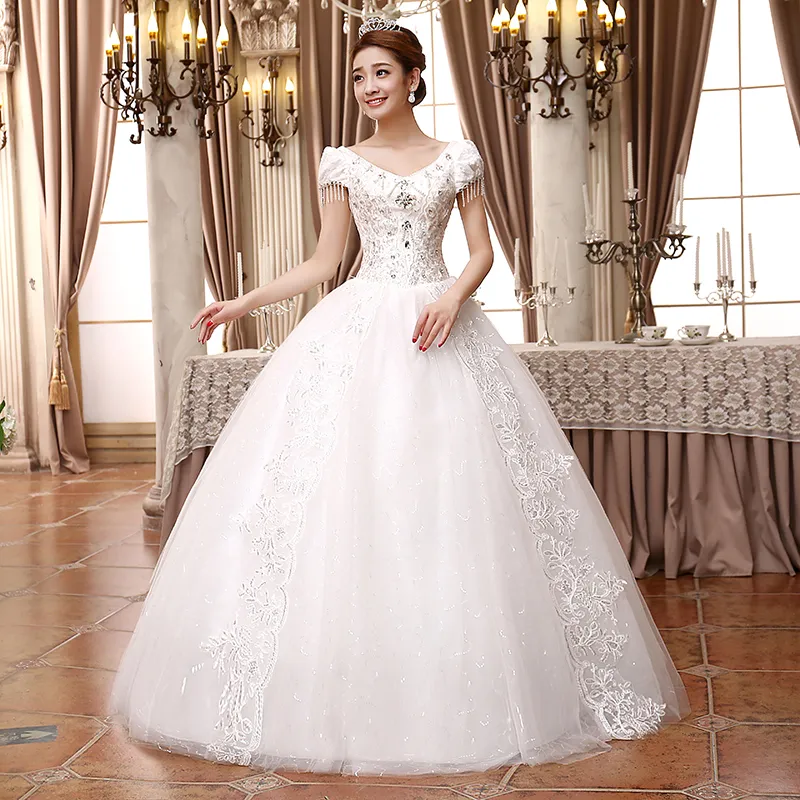 A-ligne robe de mariée 2018 luxe sequin perle perle grande taille robe de noiva dentelle princesse mariée col en v