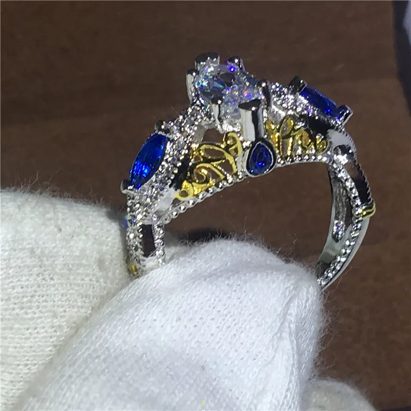 Anel do vintage Branco Amarelo Ouro Preenchido de Noivado aliança anéis de casamento para as mulheres homens Azul 5A cristal de zircão Bijoux